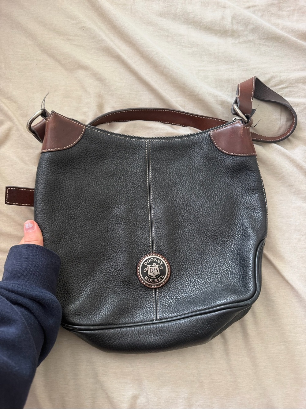Dooney & Bourke Black Leather Shoulder Hobo with Brown Trim